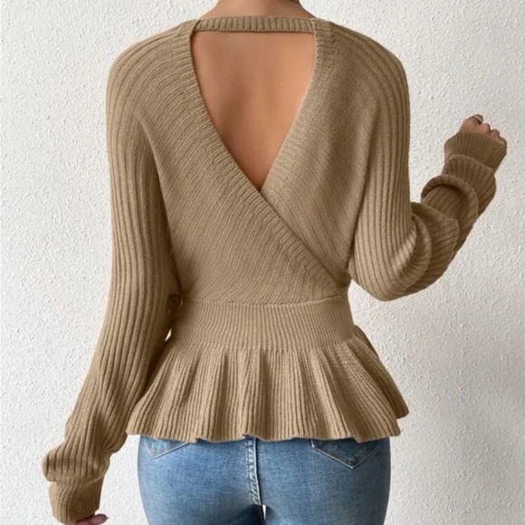 Cozy Ribbed Batwing Peplum Ruffle Sweater Top - Picture 5 of 14